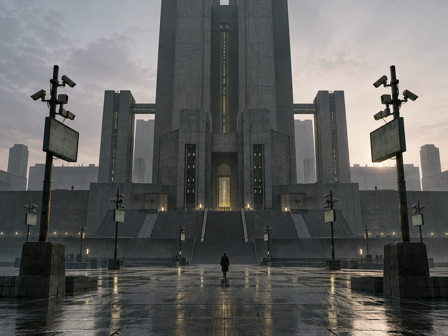 Brutalist towers and surveillance lights over an empty plaza (AI-generated image)