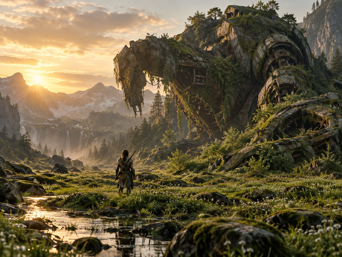 A wild green valley with the rusted remains of an ancient machine (AI-generated image)
