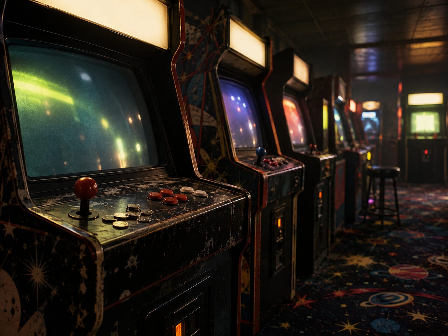 A row of glowing arcade cabinets in a dark 1980s arcade (AI-generated image)