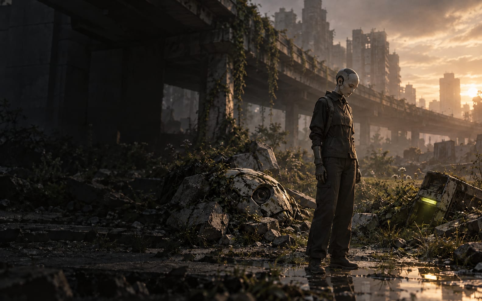 An android figure standing in an overgrown, abandoned city at dusk (AI-generated image)