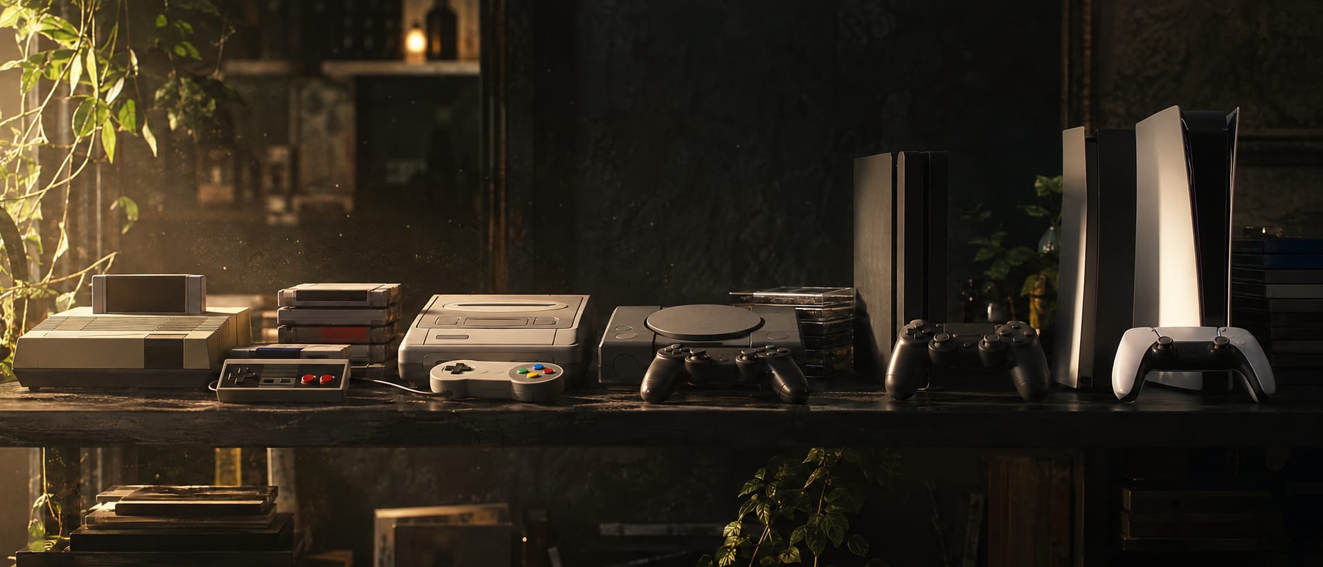 Game consoles from several generations stacked with cartridges and discs (AI-generated image)