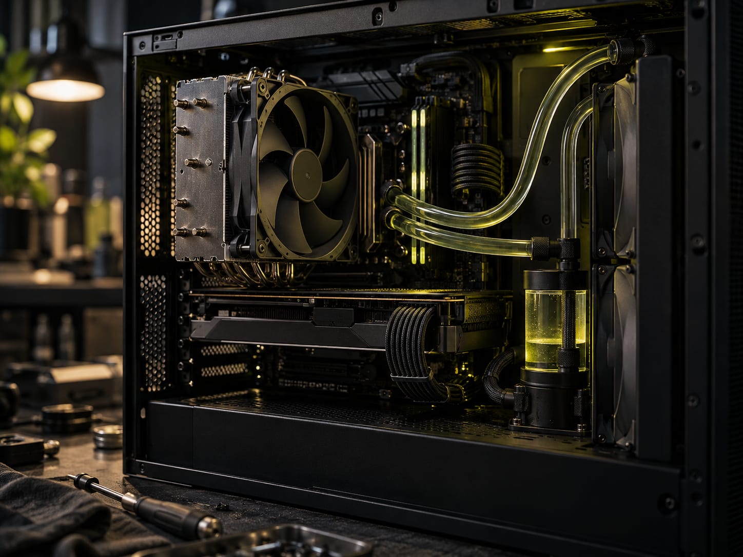 An open PC case with a tower air cooler beside a liquid cooling radiator (AI-generated image)