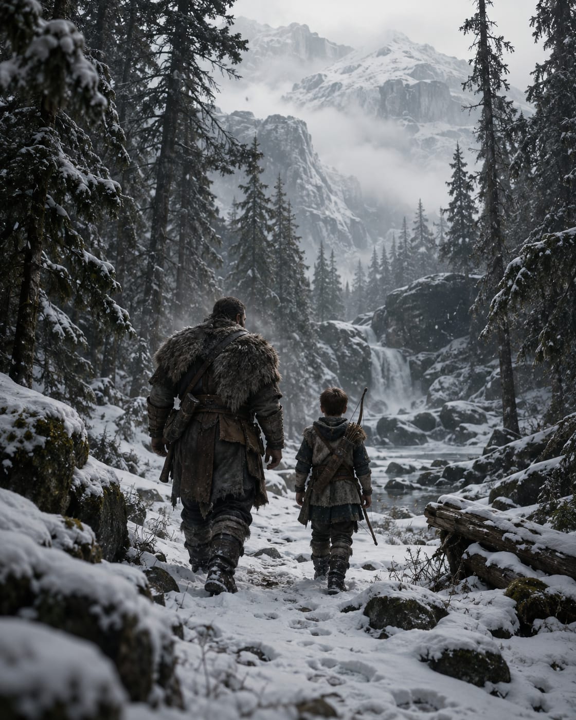 A father and a young boy walking through a snowbound northern forest (AI-generated image)
