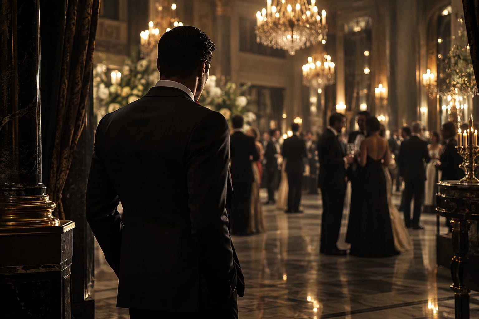 A figure in a dark suit and red tie at the edge of a lit ballroom (AI-generated image)