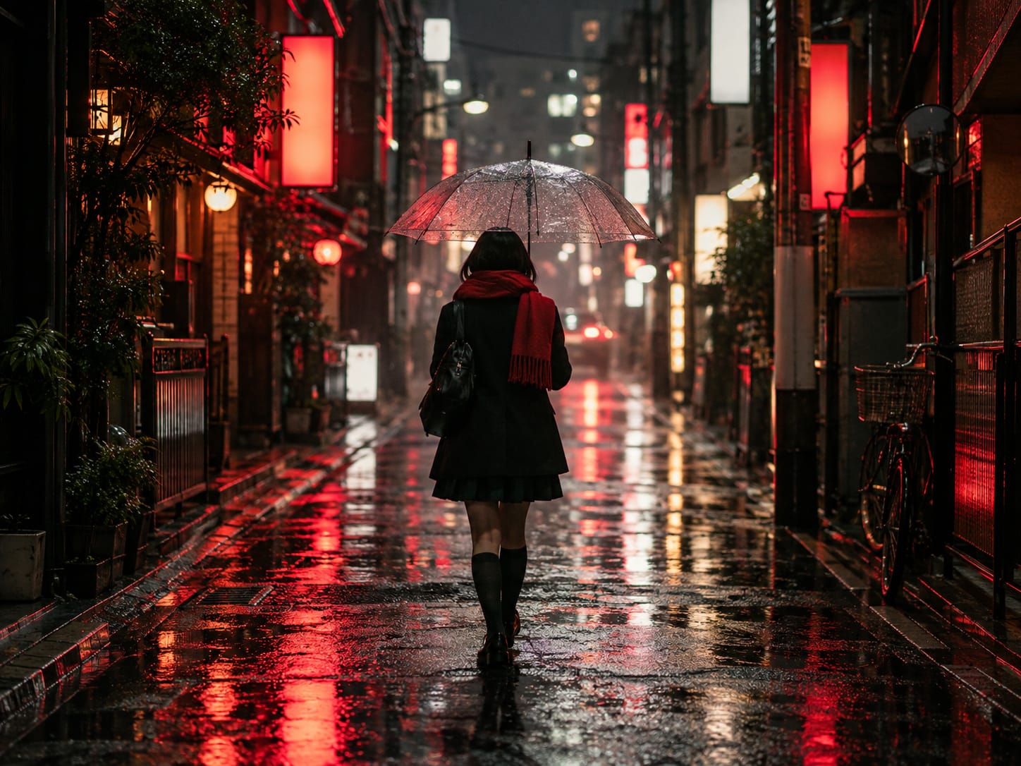 A rain-soaked city street at night lit in red and black (AI-generated image)